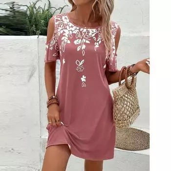 Женское модное повседневное платье с коротким рукавом, открытыми плечами, приталенного силуэта, с цветочным принтом M розовый