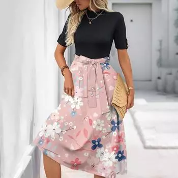 Женское модное повседневное платье с коротким рукавом и круглым вырезом с цветочным принтом и элегантным темпераментом M розовый