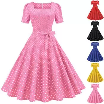 Женское модное повседневное платье с коротким рукавом, квадратным воротником, тонким винтажным принтом в горошек и поясом XL розовый