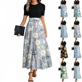 Женское модное повседневное платье с коротким рукавом и круглым вырезом с цветочной вышивкой, элегантное, темпераментное XXL