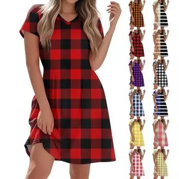 Женское модное повседневное платье с коротким рукавом и V-образным вырезом с геометрическим принтом для дома и отдыха L чёрный