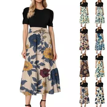 Женское модное повседневное платье с коротким рукавом и круглым вырезом с цветочной вышивкой, элегантное, темпераментное L темно-синий