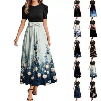 Женское модное повседневное платье с коротким рукавом и круглым вырезом с цветочной вышивкой, элегантное, темпераментное L коричневый