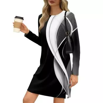 Женское модное повседневное платье с круглым вырезом и длинными рукавами и разрезом по низу L чёрный