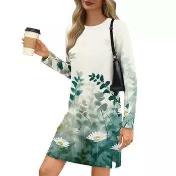 Женское модное повседневное платье с круглым вырезом и длинными рукавами и разрезом по низу L армия зеленый