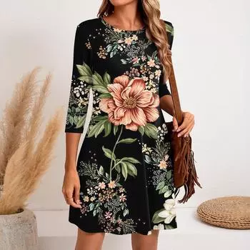 Женское модное повседневное платье с круглым вырезом и рукавом три четверти L армия зеленый