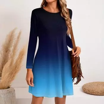 Женское модное повседневное платье с круглым вырезом и длинным рукавом, короткими боковыми карманами L синий