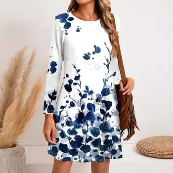 Женское модное повседневное платье с круглым вырезом и длинным рукавом, короткими боковыми карманами L темно-синий