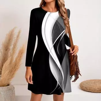 Женское модное повседневное платье с круглым вырезом и длинным рукавом, короткими боковыми карманами L чёрный