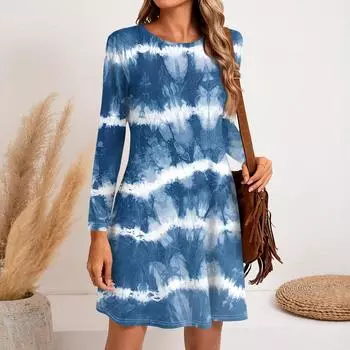 Женское модное повседневное платье с круглым вырезом и длинным рукавом, короткими боковыми карманами L синий