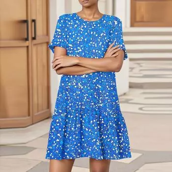 Женское модное повседневное платье с круглым вырезом и коротким рукавом с цветочным принтом L синий
