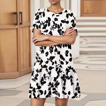 Женское модное повседневное платье с круглым вырезом и коротким рукавом с цветочным принтом S бежевый