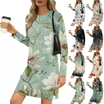 Женское модное повседневное платье с круглым вырезом и длинными рукавами и разрезом по низу L бежевый