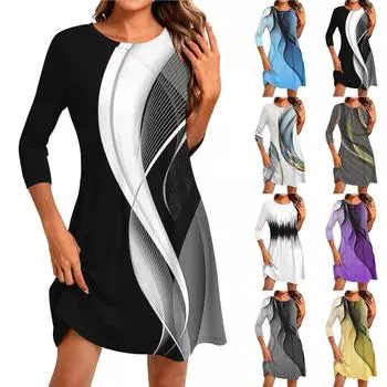 Женское модное повседневное платье с круглым вырезом и рукавом три четверти L чёрный