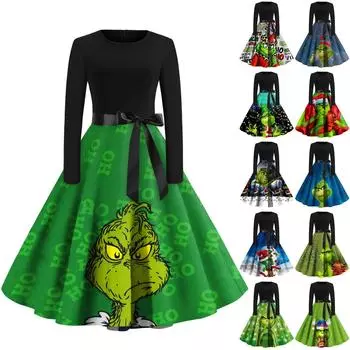 Женское модное повседневное платье с круглым вырезом и рождественским принтом и длинными рукавами XXXL