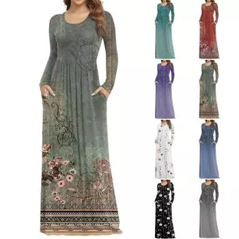 Женское модное повседневное платье с круглым вырезом и длинными рукавами с карманами XL