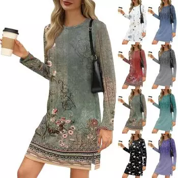 Женское модное повседневное платье с круглым вырезом и длинными рукавами и разрезом по низу L чёрный