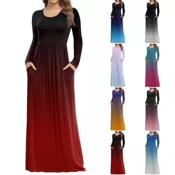 Женское модное повседневное платье с круглым вырезом и длинными рукавами с карманами L синий