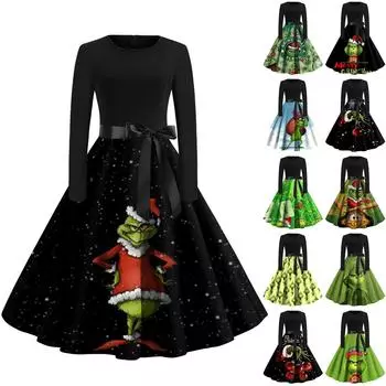 Женское модное повседневное платье с круглым вырезом и рождественским принтом и длинными рукавами L чёрный