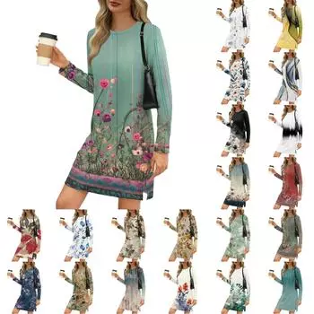 Женское модное повседневное платье с круглым вырезом и длинными рукавами и разрезом по низу L армия зеленый