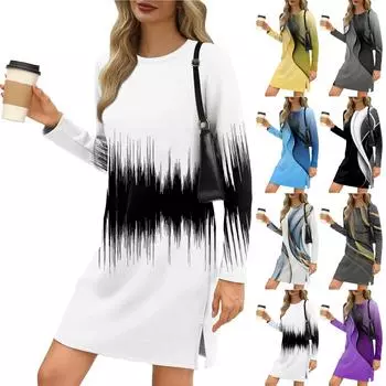 Женское модное повседневное платье с круглым вырезом и длинными рукавами и разрезом по низу L чёрный