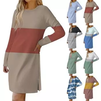 Женское модное повседневное платье с круглым вырезом и длинными рукавами и разрезом по низу L чёрный