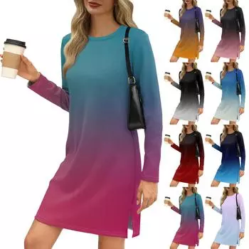 Женское модное повседневное платье с круглым вырезом и длинными рукавами и разрезом по низу L чёрный