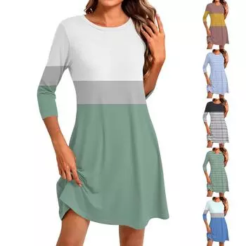 Женское модное повседневное платье с круглым вырезом и рукавом три четверти M зелёный