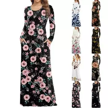 Женское модное повседневное платье с круглым вырезом и длинными рукавами с карманами L армия зеленый