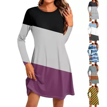 Женское модное повседневное платье с круглым вырезом и длинным рукавом, короткими боковыми карманами L синий