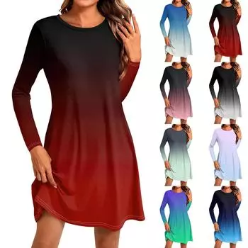 Женское модное повседневное платье с круглым вырезом и длинным рукавом, короткими боковыми карманами L синий