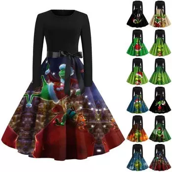 Женское модное повседневное платье с круглым вырезом и рождественским принтом и длинными рукавами M зелёный
