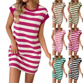 Женское модное повседневное платье с круглым вырезом и короткими рукавами в полоску с карманами L зелёный