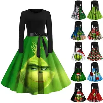 Женское модное повседневное платье с круглым вырезом и рождественским принтом и длинными рукавами S циан