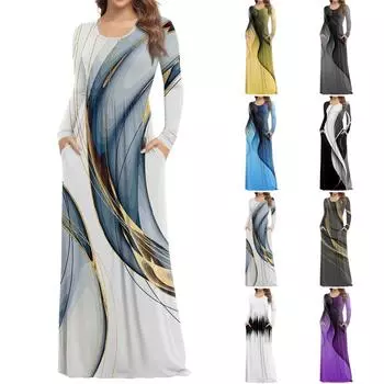 Женское модное повседневное платье с круглым вырезом и длинными рукавами с карманами L чёрный