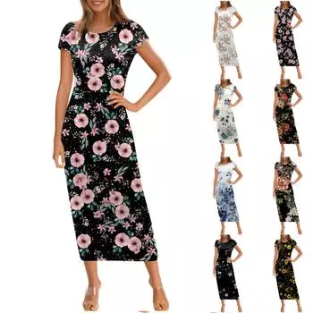 Женское модное повседневное платье с круглым вырезом и коротким рукавом XXL бежевый