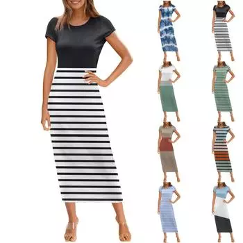 Женское модное повседневное платье с круглым вырезом и коротким рукавом XXL