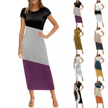 Женское модное повседневное платье с круглым вырезом и коротким рукавом M оранжевый