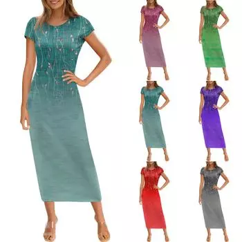 Женское модное повседневное платье с круглым вырезом и коротким рукавом XXXL