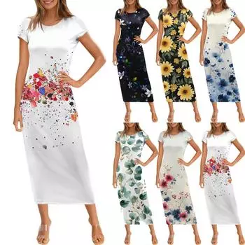 Женское модное повседневное платье с круглым вырезом и коротким рукавом S белый