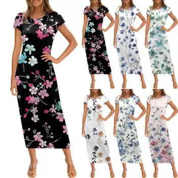 Женское модное повседневное платье с круглым вырезом и коротким рукавом L чёрный