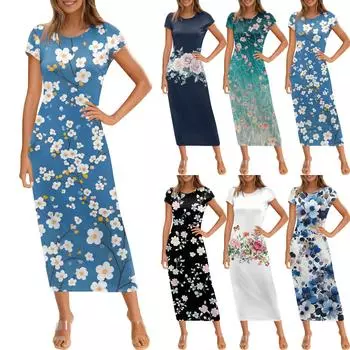 Женское модное повседневное платье с круглым вырезом и коротким рукавом M тёмно-синий