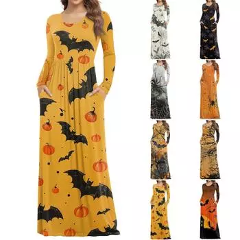 Женское модное повседневное платье с круглым вырезом и длинными рукавами с карманами XXXL