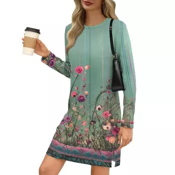 Женское модное повседневное платье с круглым вырезом и длинными рукавами и разрезом по низу L