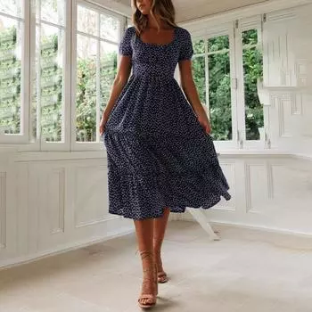 Женское модное повседневное платье с квадратным вырезом и рукавами-пузырьками с цветочным принтом M тёмно-синий