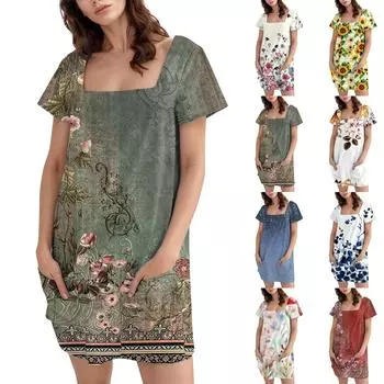 Женское модное повседневное платье с квадратным вырезом и коротким рукавом L