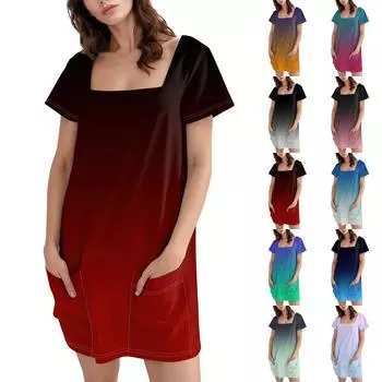 Женское модное повседневное платье с квадратным вырезом и коротким рукавом L синий