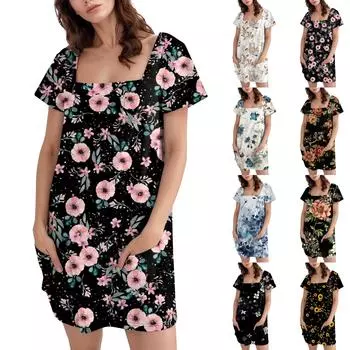 Женское модное повседневное платье с квадратным вырезом и коротким рукавом L армия зеленый