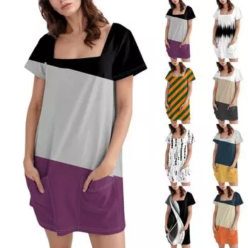 Женское модное повседневное платье с квадратным вырезом и коротким рукавом L бежевый