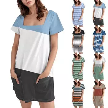 Женское модное повседневное платье с квадратным вырезом и коротким рукавом M зелёный